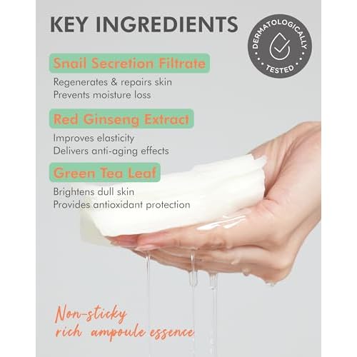 DERMAL Seoul Face Snail Mucin 5-Min Quick Sheet Mask 36 Count Bulk, Korean Morning Pull-Out Dispenser with Tweezers, Red Ginseng Green Tea Antioxidant Face Mask for Skin Renewal, Vegan Tencel