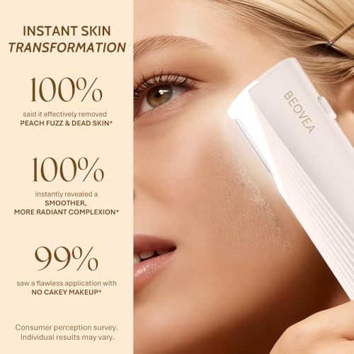 BEOVEA Sonic Dermaplaning Tool for Face - White, 3-Speed Vibration, 6 Replaceable Stainless Blades