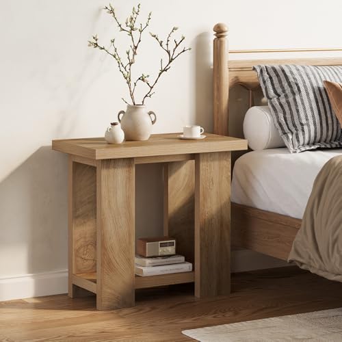 Light Brown 2-Tier Farmhouse End Table with Storage Shelves - LITTLE TREE