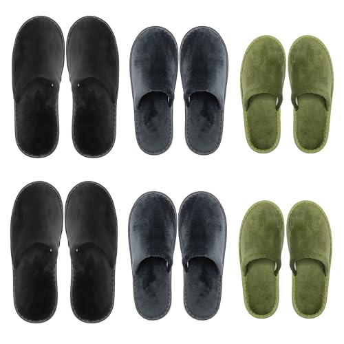 OSTADARRA 6-10 Pairs Spa Slippers Non Slip Disposable Slippers for Guests – Crystal Velvet (2 Black XL, 2 Dark Grey L, 2 Blackish Green M)