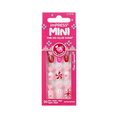 KISS imPRESS MINI Holiday Press On Nails for Kids, ¡®Frostsnow¡¯, Pink, Child Size, Squoval Shaped, Mess-Free, Mom Approved, Non-Toxic, Breakaway Application Tabs, Nail File, 20 Fake Nails