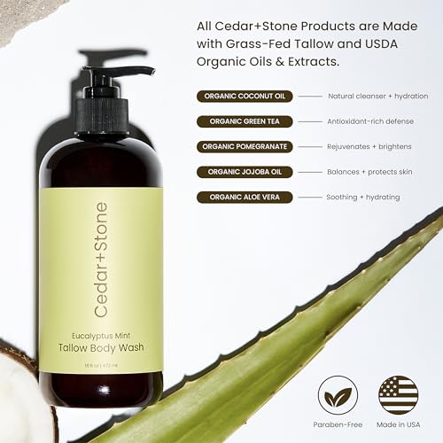 Cedar + Stone Clean Body Wash with Grass-Fed Tallow ? Sulfate-Free Natural Body Wash for Dry, Sensitive Skin ? Eucalyptus & Mint with USDA Organic Oils, 16oz