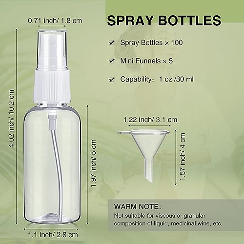 100 Pcs Mini Clear Spray Bottles 1 oz with Funnels - Refillable Travel Perfume & Essential Oil Sprayers