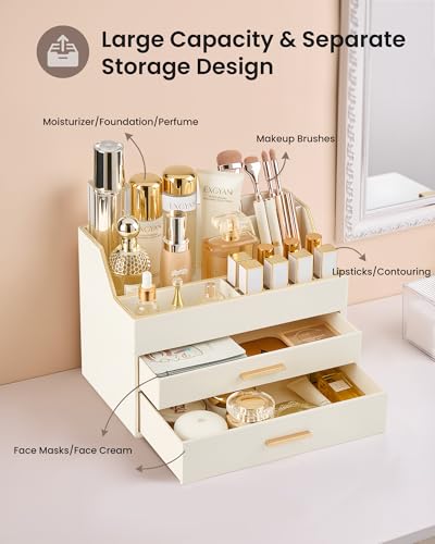Lolalet Beige 3-Layer Makeup Organizer Vanity Storage with Drawers - PU Leather
