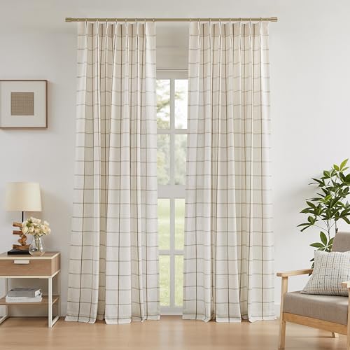 Vision Home Flax Linen 60x95 Inch Plaid Pinch Pleated Semi Sheer Curtains Pack of 2