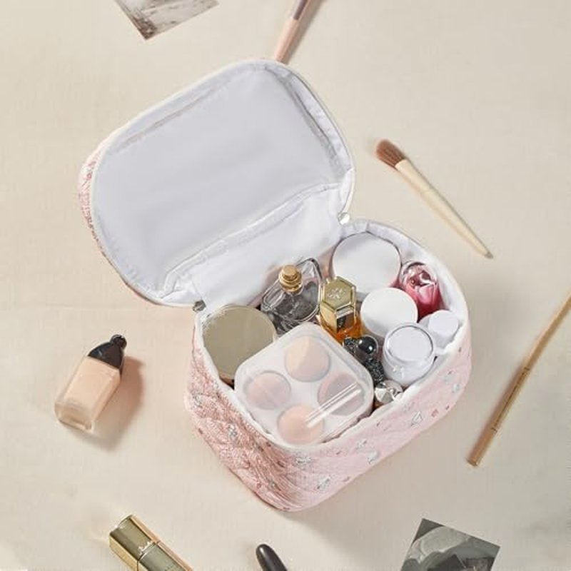 Large Cosmetic Bags Travel Makeup Bag with Portable Cute Toiletry Bag Aesthetic Make Up Organizer with Handle for Women (Pink)