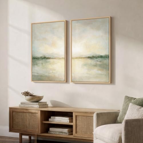 Sage Green Abstract Landscape Wall Art Set - 16x24 Inches, Framed Canvas, 2 Panels, Neutral Scenic Decor for Bedroom & Living Room - Variation: Green Neutral / 16" W x 24" H