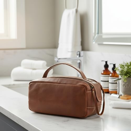 Handmade World Leather Toiletry Bag for Men - Genuine Full Grain Leather Dopp Kit ¡°Golden Oak¡± - Large Travel Shaving Kit Organizer Grooming Bag