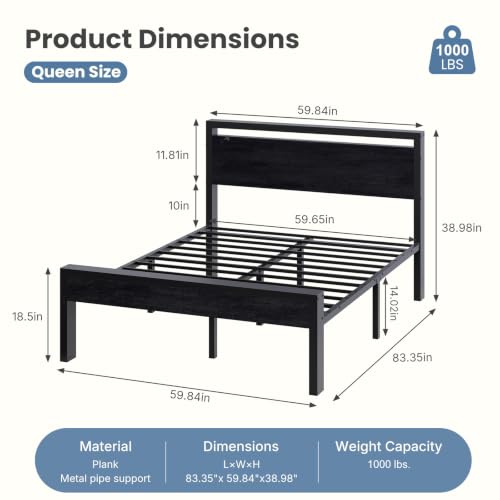 Queen Bed Frame with Wood Headboard - Black, 14 Inch Under-Bed Storage, Heavy-Duty Support - Variation: Black / Queen