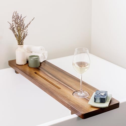 Nature Shed Premium 35-Inch Acacia Wood Bathtub Tray - Large, Adjustable, Anti-Tip Freestanding Caddy with Bathroom Accessories Holder