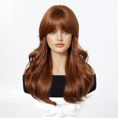 Osicapea Auburn Wigs with Bangs for Women - Natural Wavy Curly 22 Inch Synthetic Wig for Cosplay & Daily Use