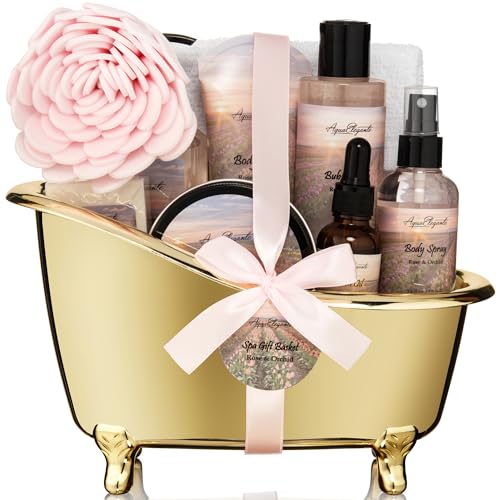 Spa Gift Baskets For Women - Luxury Bath Set With Rose Oil & Orchid - Spa Kit Includes Body Wash, Bubble Bath, Lotion, Body Butter, Soap, Body Spray, Shower Puff, and Towel