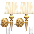 Wireless Vintage Wall Sconce Set of 2 - Gold & Beige Rechargeable Battery Lamps