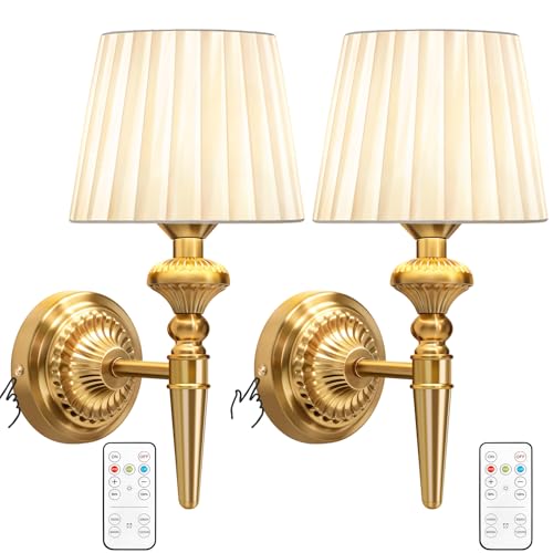 Wireless Vintage Wall Sconce Set of 2 - Gold & Beige Rechargeable Battery Lamps