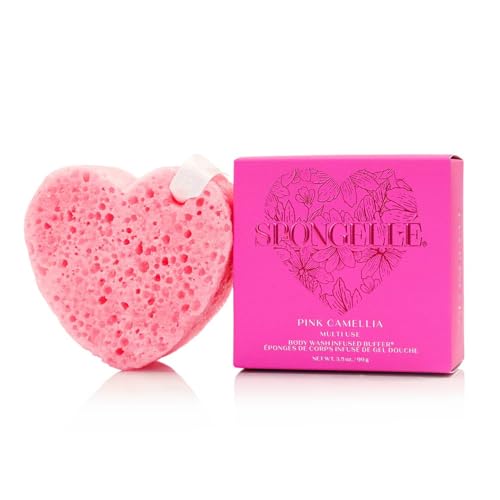Pink Camellia Bath Sponge with Built-in Body Wash & Exfoliator - Heart Shape, 20+ Uses