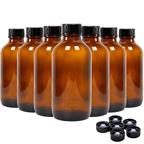 4 Ounce Amber Glass Bottles with Lids - Refillable Container for Essential Oils & Vanilla Extract - 16 Pack