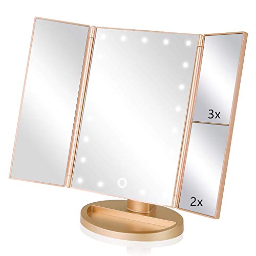 Trifold Makeup Mirror Vanity Mirror with Lights,1X 2X 3X Magnification,Touch Control,Adjustable Rotation,Dual Power Supply,Portable Travel Cosmetic Mirror,Birthday Gifts for Women,Teengirls