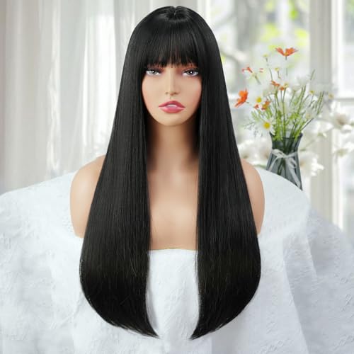 Black Long Straight Wig with Bangs 24 Inch Heat-Resistant Synthetic Cosplay & Party Wig - Black