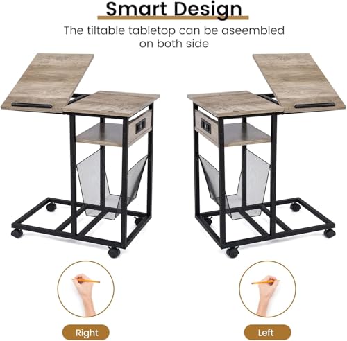 C-Shaped End Table with Charging Station, Tilting Top & Lockable Wheels - Grey