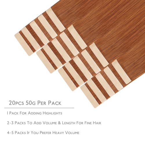 Tape in Hair Extensions Human Hair 20pcs 50g 16 Inch Dirty Ginger Remy Hair