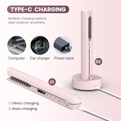 PRITECH Pink Cordless Mini Hair Straightener & Curler for Travel, Detangling & Styling