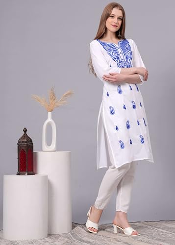 XX-Large Blue Traditional Chikankari Cotton Kurti for Women - Hand Embroidered Tunic