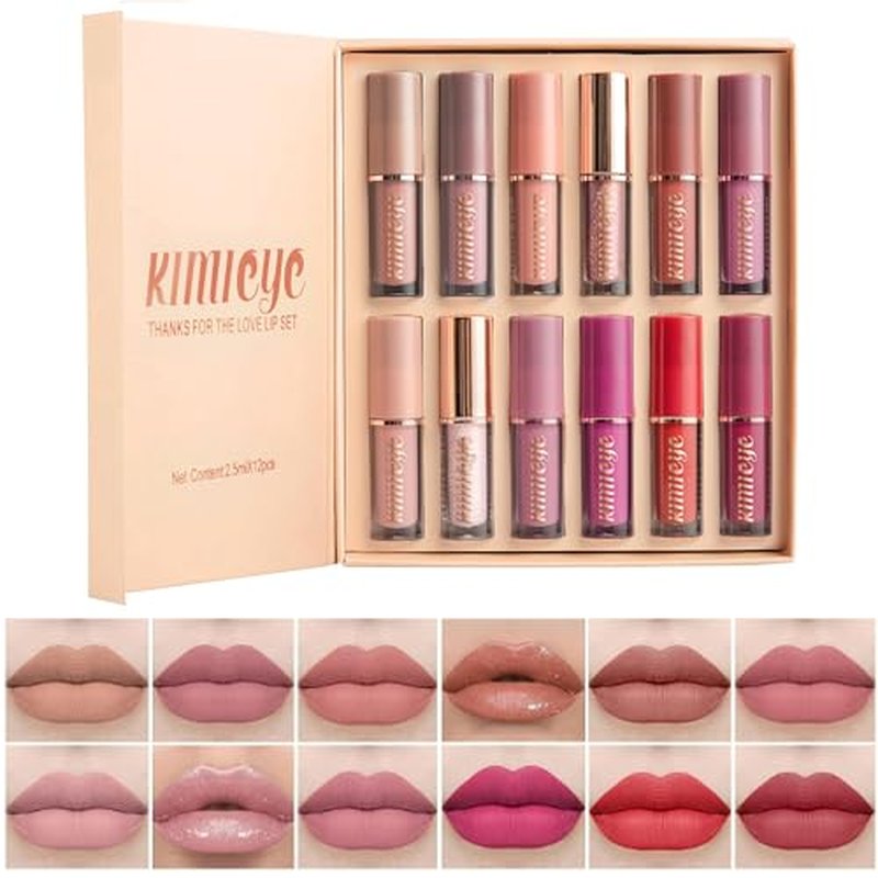 12Pcs Velvet Matte Liquid Lipstick Set, Waterproof Long Lasting Quick-drying Non-Stick Cup Nude Lip Stain Kit, Up to 24H Wear, Professional Lip Makeup Gift Kit for Women (SET A)