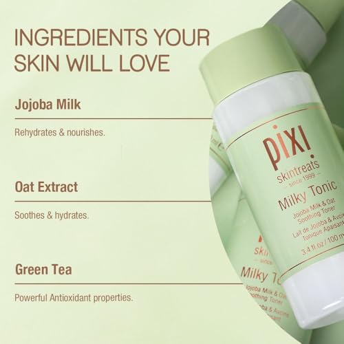 Pixi Milky Tonic, Calming & Hydrating Pads Containing Jojoba Milk, Infused with Oat Extract to Soothe, Alcohol-Free Daily Nourishing Toner, 3.4 fl oz/ 100 mL