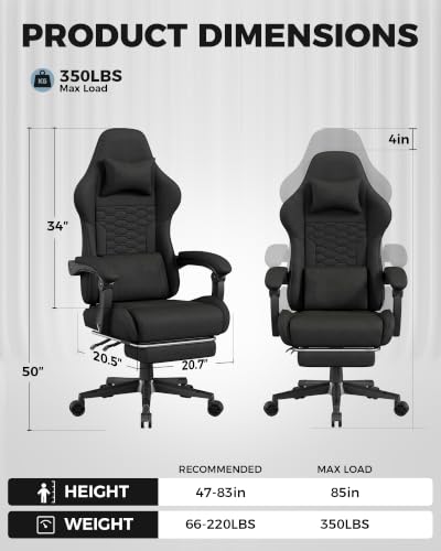 Gaming Chair with Footrest & Pocket Spring Cushion - Black - 90°-155° Recline, Adjustable Height, Lumbar Support