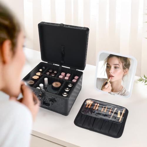 Makeup Case, Travel Train Case with Magnetic LED Mirror, Waterproof Cosmetic Organizer with Adjustable Divider, 3 Color Mode - Sparkling Black