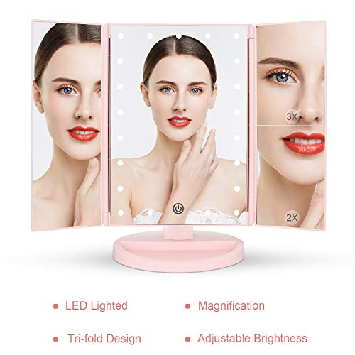 Pink Tri-Fold Lighted Vanity Mirror with 21 LED Lights & Touch Control