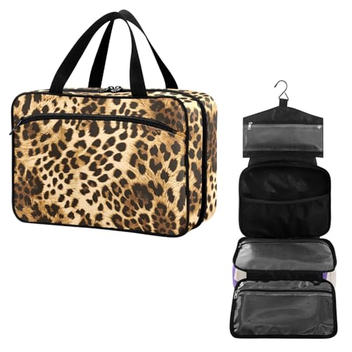 Large Travel Toiletry Bag for Women and Men - Leopard Skin Pattern Hanging Organizer with Pockets, Foldable Cosmetic & Makeup Storage Case