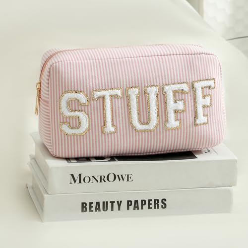 3pcs Pink Seersucker Chenille Letter Makeup & Travel Bags Set - Meds Rx Organizer