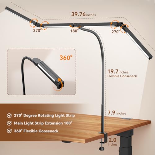 Pzloz Dark Black LED Desk Lamp with Clamp, 4 Adjustable Heads, Dimmable & Remote Control