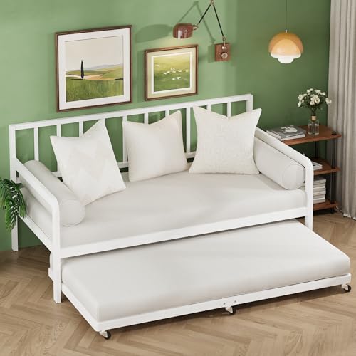 Lutown-Teen White Twin Trundle Bed Frame with Lockable Wheels