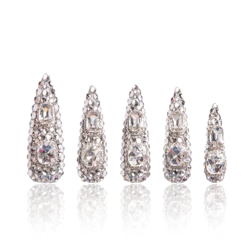 LOVFUL Press on Nails Silver Majesty | Handmade with Full Covered Crystals | Reusable Full Cover Nails | Stiletto Mid Length 1.7 in | H212-S