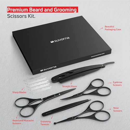 Suvorna 4.5-Inch Beard & Mustache Scissors with Straight Razor - Black, Grooming Kit