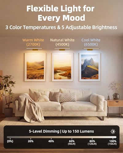 EZVALO Gold 16'' Rechargeable Wall Picture Lights 4-Pack - Dimmable Art Lighting