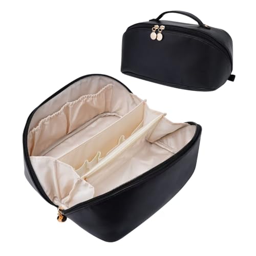 ETTP Waterproof PU Leather Large Capacity Cosmetic Bag for Women with Divider & Handle - Travel Makeup & Toiletry Organizer (Black)