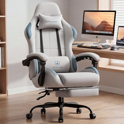 GTPLAYER Light Gray Fabric Gaming Chair with Pocket Spring Cushion, Ergonomic Office & Gaming Chair with Lumbar Support, Height Adjustable, Footrest & Linkage Armrests
