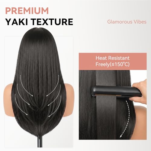 Yaki Straight V Part Wig for Black Women 26 Inch Natural Black 180% Density Glueless Synthetic Hair