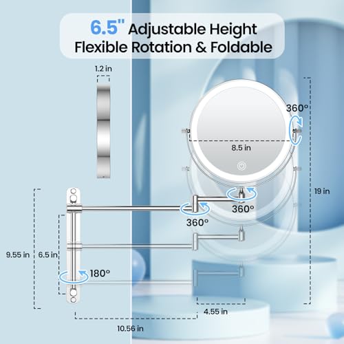 Gospire 8.5" Rechargeable Wall Mounted Lighted Makeup Mirror with Magnification 10X, Adjustable Brightness & Height, 3 Light Colors, 360¡Æ Rotation, Magnifying Mirror with Light for Women - Chrome
