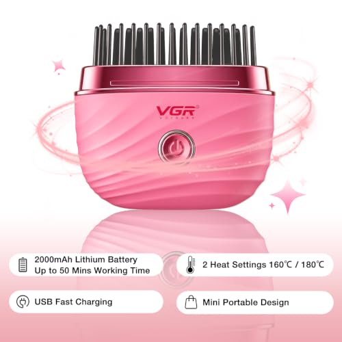 Mini Hair Straightener Comb with 2 Heat Settings - Pink, Portable & Wireless