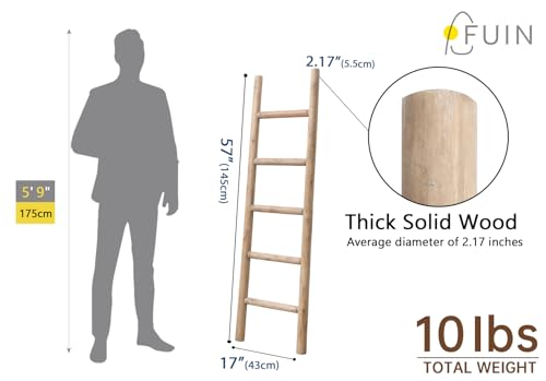 Rustic Solid Wood Blanket Ladder - 57 Inch Farmhouse Decorative Ladder with Brown Finish - Medium Knock Down