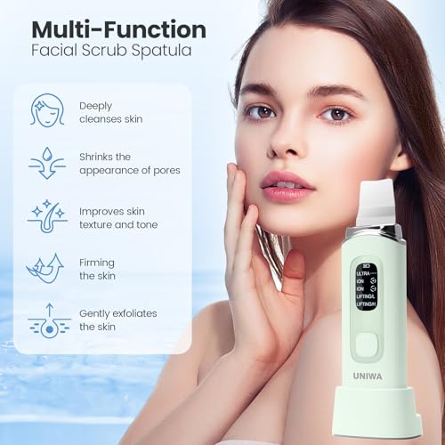 UNIWA Skin Scrubber Face Spatula, Skin Scrubber Pore Cleaner Blackhead Remover Tool for Deep Facial Cleansing - 4 Modes, Face Spatula with USB Charger, LCD Display, IPX7 Waterproof -Green