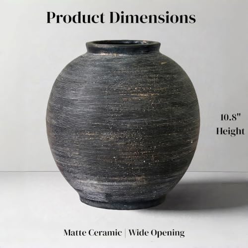 Large Black Ceramic Vase - 10.8 Inch with Deep Charcoal Black Glaze - Oval Variation