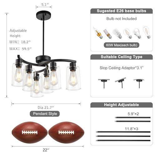Sigaitwei 21.7in 6-Light Modern Black Pendant Chandelier for Dining & Kitchen Island