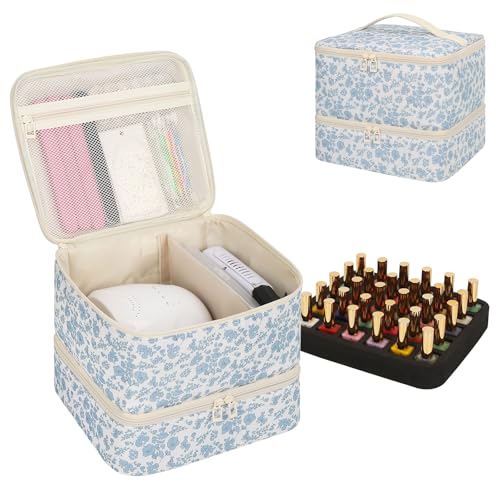 Ethereal Blue Flower Nail Polish Organizer Bag Holds 30+ Bottles & UV Nail Lamp