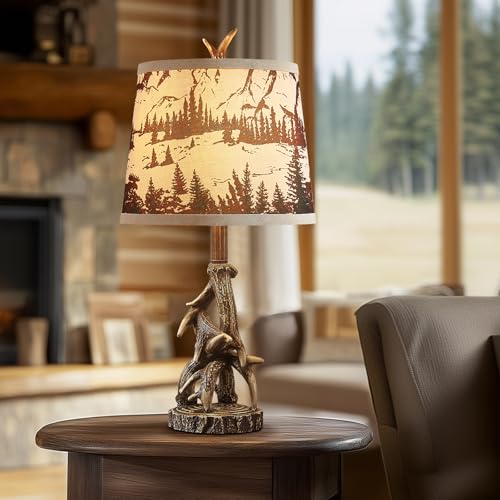 Rustic Deer Antler Table Lamps Set of 2 - Brown Forest Print Shade, Log Cabin Bedroom Nightstand, Western Country Style, 23 Inch