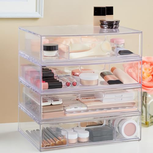 Stackable Plastic Drawer Organizer Set - Clear, 12.5 Inch with Open & Divided Drawers, Multipurpose Office & Home Storage - Variation: Clear Open Divided 2pk